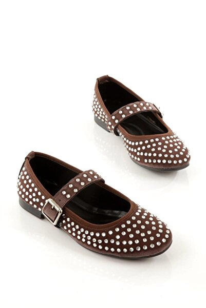 MAYA SHOES Kahve suetYuvarlak Burunlu Ortapedik Taşlı ve Baretli Kapalı Babet