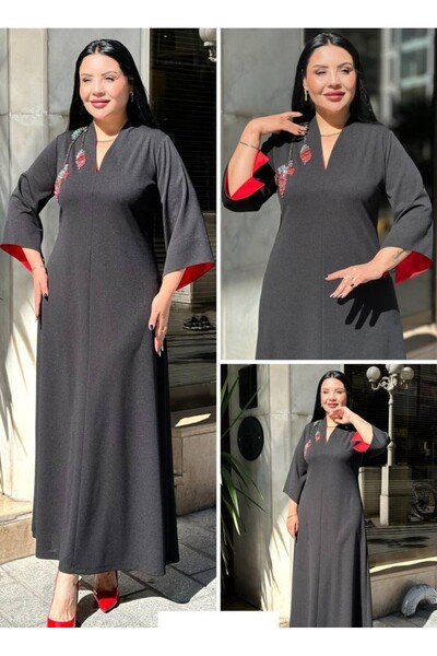 mardi exclusive Women's Plus Size Embroidered Detailed Crepe Long Evening Dre...