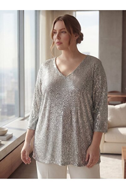 RMG Μπλούζα με παγιέτες και επένδυση σε μεγάλο μέγεθος, ασημί