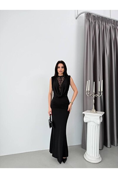 NEW JOURNAL Women's Black Lace Detailed Draped Maxi Dress Elt7221