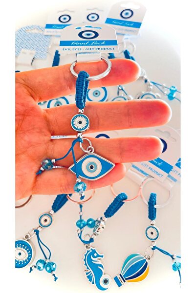 Cassime Μπλε οβάλ μπρελόκ με μοτίβο ματιών, επάργυρο, με σχέδιο το κακό μάτι
