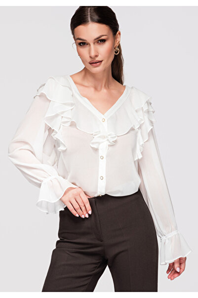 OMBRE Damen Hemd V-Ausschnitt Rüschen Langarm OW-SH-E0029 Ecru