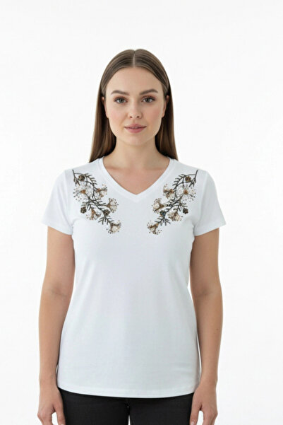 Bİ.GİYSEN Γυναικεία ΛΕΥΚΗ μπλούζα με λαιμόκοψη V και κεντημένα λουλούδια στου...