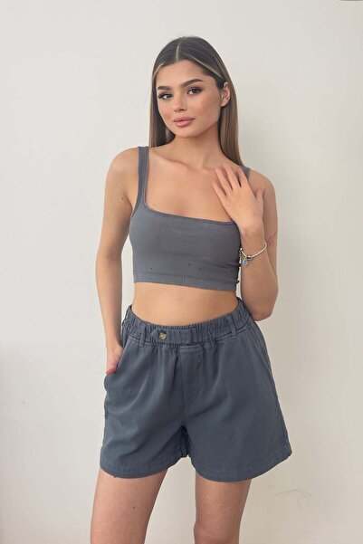 GİYSA Women's Elastic Waist Double Pocket 100% Cotton Shorts Smoked - Yp5410