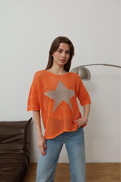 NEW JOURNAL Women's Orange Star Detailed Mesh Knit Blouse Sn190