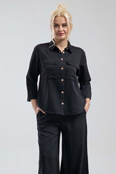 Bold & Young Γυναικείο μαύρο πουκάμισο από 100% βαμβάκι με μανίκια 3/4 και με...