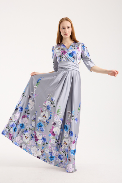 FRIST STYLE فستان تركي جميل من الساتان باللون الرصاصي