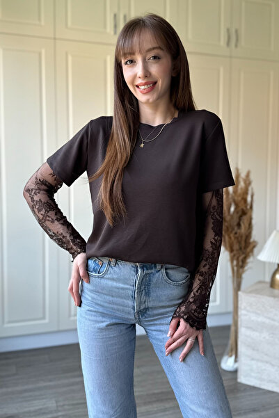 Dilay Gökoğlu Butik Μπλούζα Modal καφέ χρώματος με δαντελένια λεπτομέρεια στα...