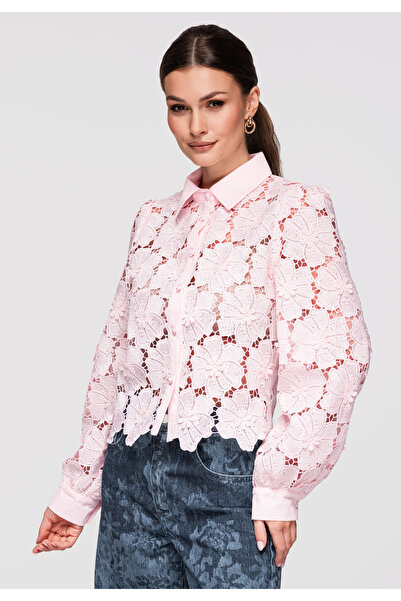 OMBRE Γυναικείο Πουκάμισο Δαντέλα Διαφανές Μπλούζα OW-SH-E0038 Rose