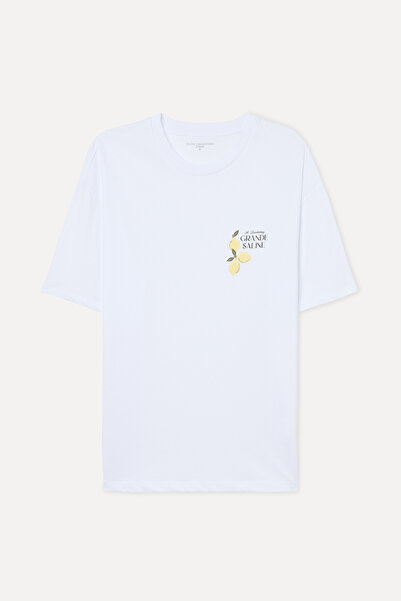 Mudo Erkek Beyaz Baskılı Oversize Bisiklet Yaka T-Shirt