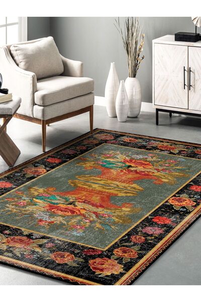 KİLİMİSTAN Vintage Çiçek Desenli Dijital Baskı Kilim–Kaymaz Taban Pamuklu Dok...