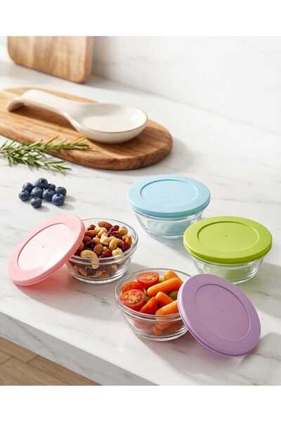 Veyla Style 4-Piece Glass Storage and Breakfast Set with Colored Lid 250 Cc