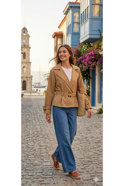 QUBERZ Γυναικείο κοντό μπουφάν με γιακά και Ζώνη τσέπες στη μέση - Ιταλικής κ...