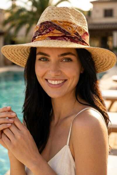 Uniquetrenders Pălărie Fedora din paie pentru femei, cu model și detaliu cu p...