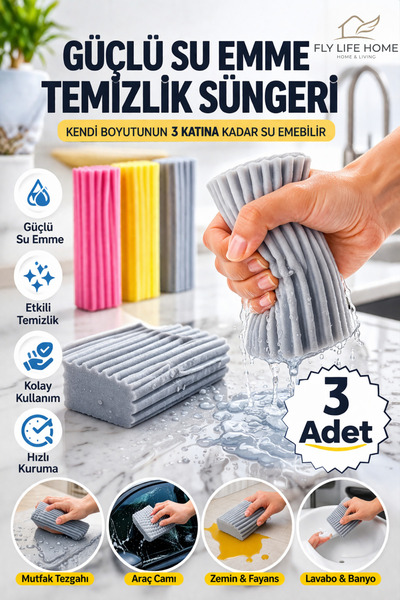 FLY LIFE 3 Adet Çok Amaçlı Nemli Silgi Sünger Sihirli Temizlik Süngeri Toz Em...