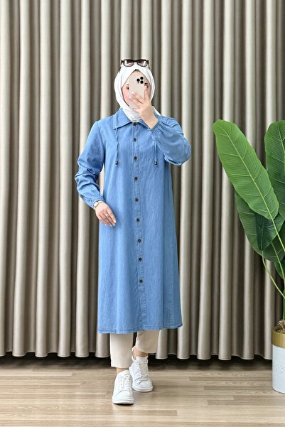 mercan moda Asuman Tunik Kot Kumaş Kadın Açık Mavi Kolları Lastikli Düğmeli T...