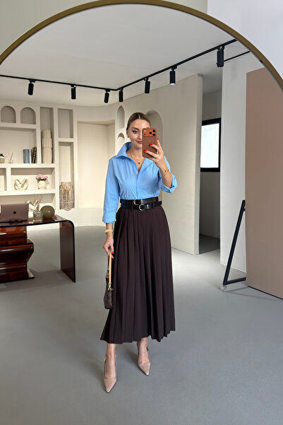 Sezgi Tekin Καφέ πλισέ φούστα με διπλή ζώνη και λεπτομέρεια με σχισμή