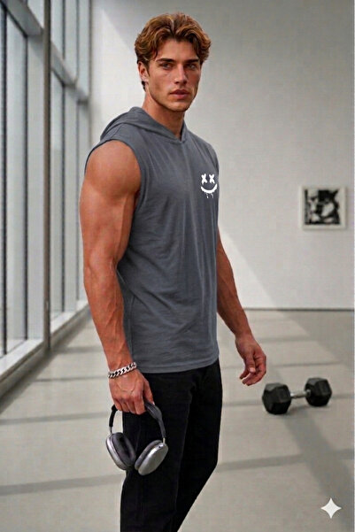 NO 601 Men's Nardo Gray Hooded Sleeveless Undershirt Smiley Printed Tshirt
