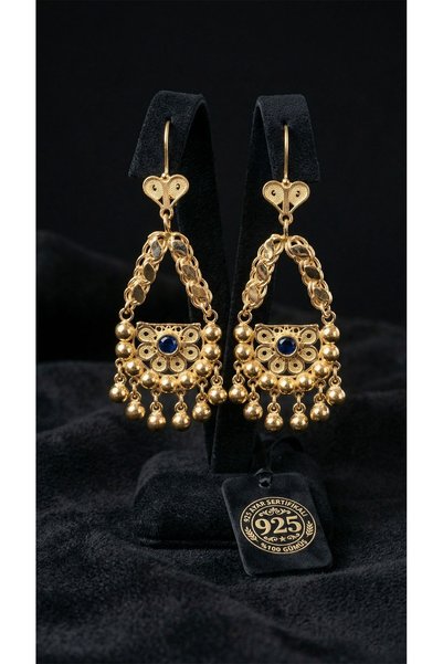 Roza Silver 925 Ayar Gümüş Geleneksel Telkari Safir Taşlı Altın Kaplama Toplu Salkım Şahmeran Küpe