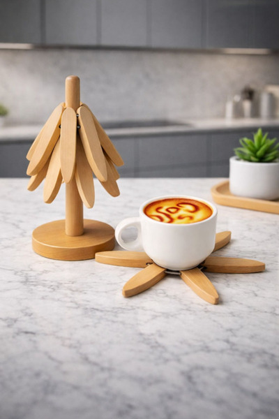 AYGÖREN HOME 3'lü Standlı Bambu Nihale Seti, Isıya Dayanıklı Bardak ve Tencer...