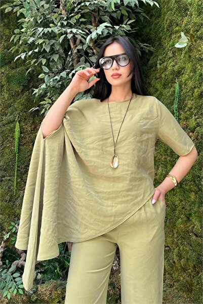 Neşeli Butik Women Green Modern Cape Sleeve Asymmetrical Blouse Trousers Two ...