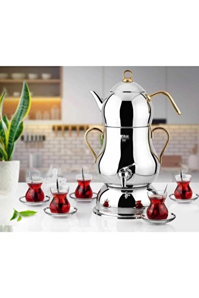 Lines Şahmeran Gold Steel Body Metal Handle Electric Samovar