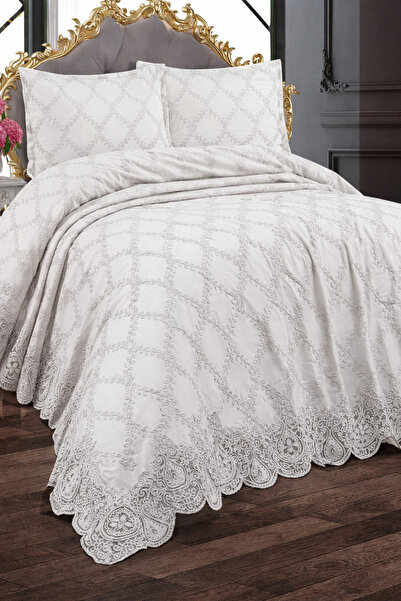 Dora Fransız Güpürlü Çeyizlik Çift Kişilik Battal Boy Pike Örtüsü Seti / Yatak Örtüsü Seti 3 Parça