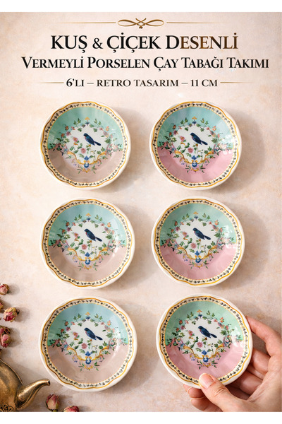 AROW HOME KUŞ & ÇİÇEK DESENLİ VERMEYLİ PORSELEN ÇAY TABAĞI TAKIMI – 6’LI – RE...