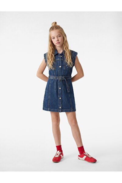 Koton Βαμβακερό αμάνικο φόρεμα τζιν με λεπτομέρεια σε στυλ πουκαμίσου και γιακά