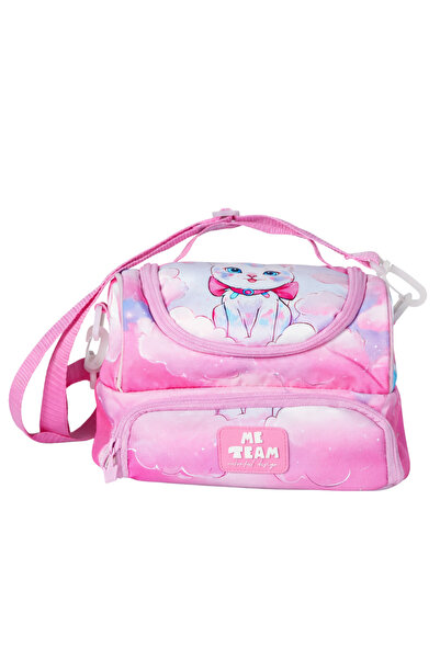 ME TEAM Pembe Bulutlu Kedi Desenli Beslenme Çantası - Su İtici Kumaşlı Omuz A...