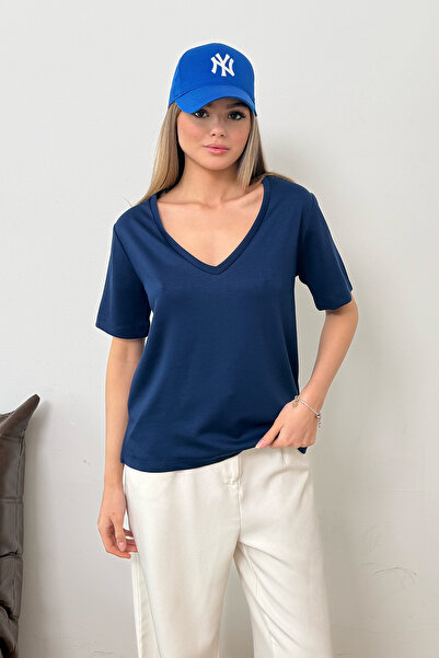 GİYSA Γυναικείο T-Shirt με λαιμόκοψη V από ύφασμα Modal, Βασικό, Ναυτικό Μπλε...