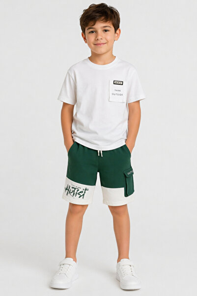 İrem Çocuk Giyim Boy's White Color Shorts Set with Artist Text Pattern on the...