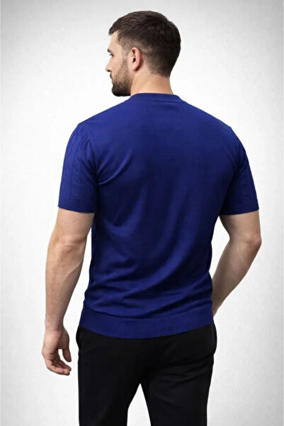 modi Patterned Men's Casual Style Navy Blue Summer Knitwear Woven Short Sleev...