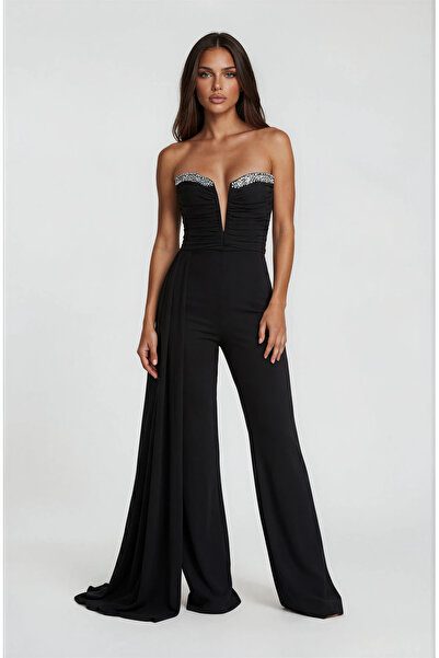 Vanni Couture Black Jumpsuit Dress with Stones