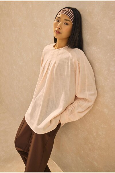 HEQA Cotton Linen Tunic with Drawstring Sleeves Soft Pink