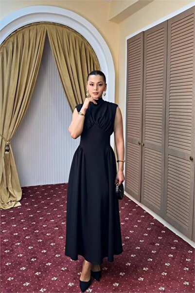 Neşeli Butik γυναικείο μαύρο ντραπέ φόρεμα με ψηλό γιακά και μήκος μίντι, κομ...