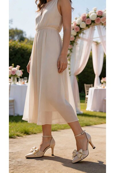 viderri Beige Satin Leather Women's Heeled Shoes with Bow and Ankle Buckle St...