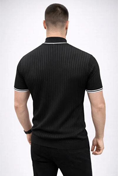 modi Men's Casual Style Black Ribbed Knitwear Woven Short Sleeve Half-Throat ...