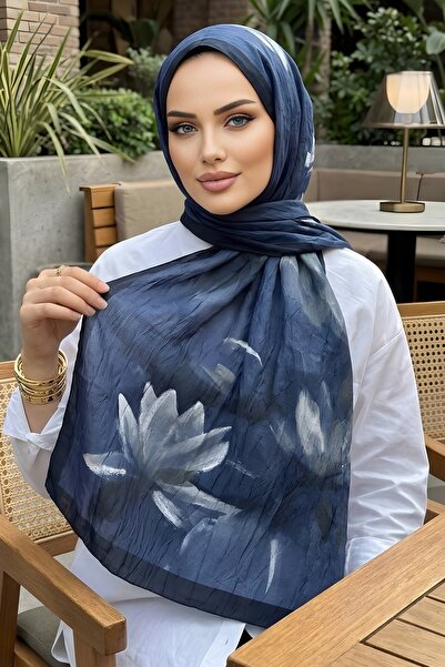İmajButik Navy Blue İpekhan Patterned Shawl