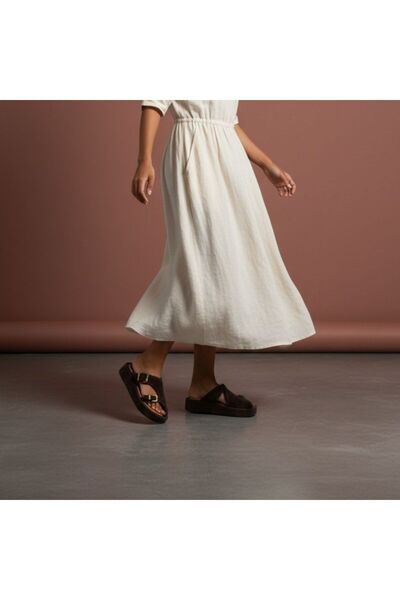 NE&VE SHOES Γυναικείες παντόφλες καφέ σουέντ με δύο αγκράφες και χοντρή επενδ...