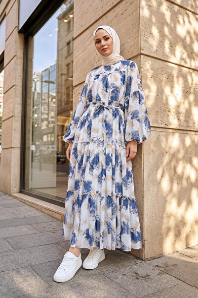 MODAQU Leya Patterned Lined Chiffon Dress - Indigo