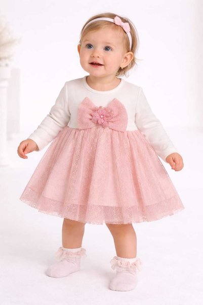 LOVE ETEĞİ TÜL GÜPÜRLÜ BELİ FİYONK VE ÇİÇEK DETAYLI BEBEK ELBİSE