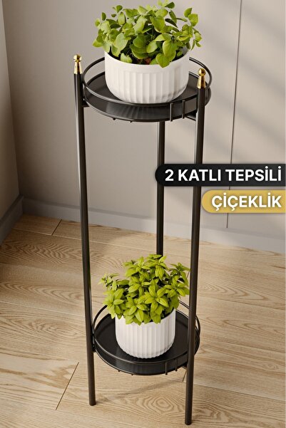 Bino 2 Katlı Siyah Saksılık Organizer Bahçe Balkon Standı Çiçeklik Dekoratif ...