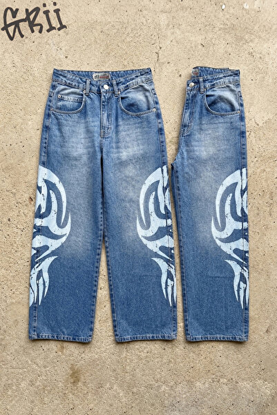 GRİİ WEAR Unisex Baggy Jean Tribal Baskılı Geniş Paça Kot Pantolon (Sökülmez ...