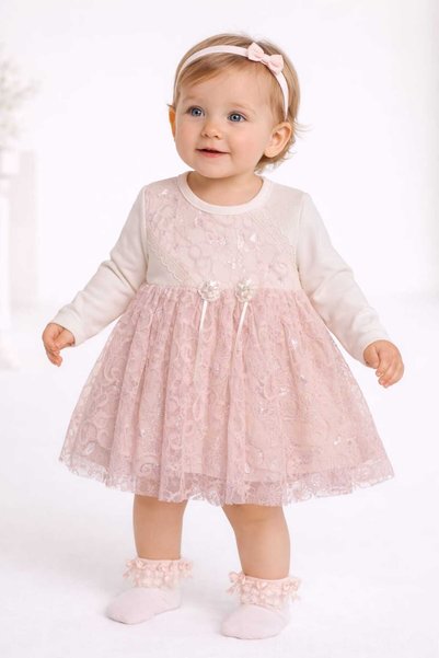 LOVE BEYAZ RENK PEMBE TÜL GÜPÜRLÜ UZUN KOLLU BEBEK ELBİSE