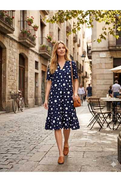 Asel Γυναικείο υφαντό υφασμάτινο φόρεμα με κοντό μανίκι σε μπλε ναυτικό με πουά