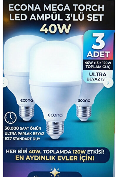 ECONA (3 ADET) 40W Torch Led Ampul E27 Duy Beyaz Işık Yüksek Lümen Tasarruflu...