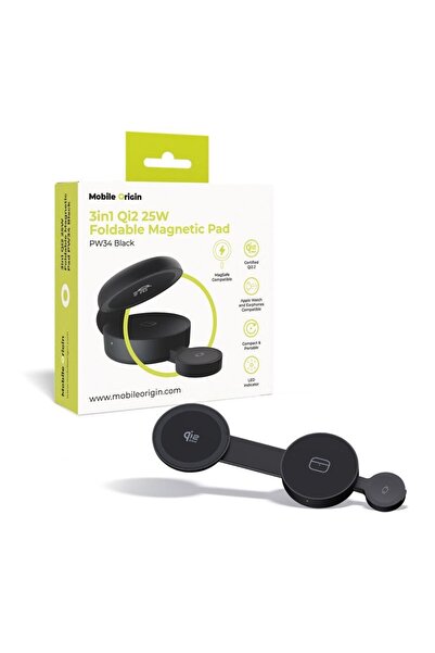 Mobile Origin Μαγνητικός Φορτιστής 3 σε 1 PW34, Qi2 25W, Αναδιπλούμενος, Μαύρος