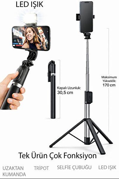 handanca KUMANDALI ışıklı ayaklı tripot ve selfi çubuğu Youtuber Tiktok ve Te...