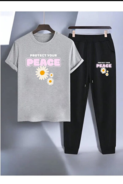 Joetsu Peace Printed T-Shirt - Jogger T-Shirt Crew Neck Bottom Top Tracksuit Set